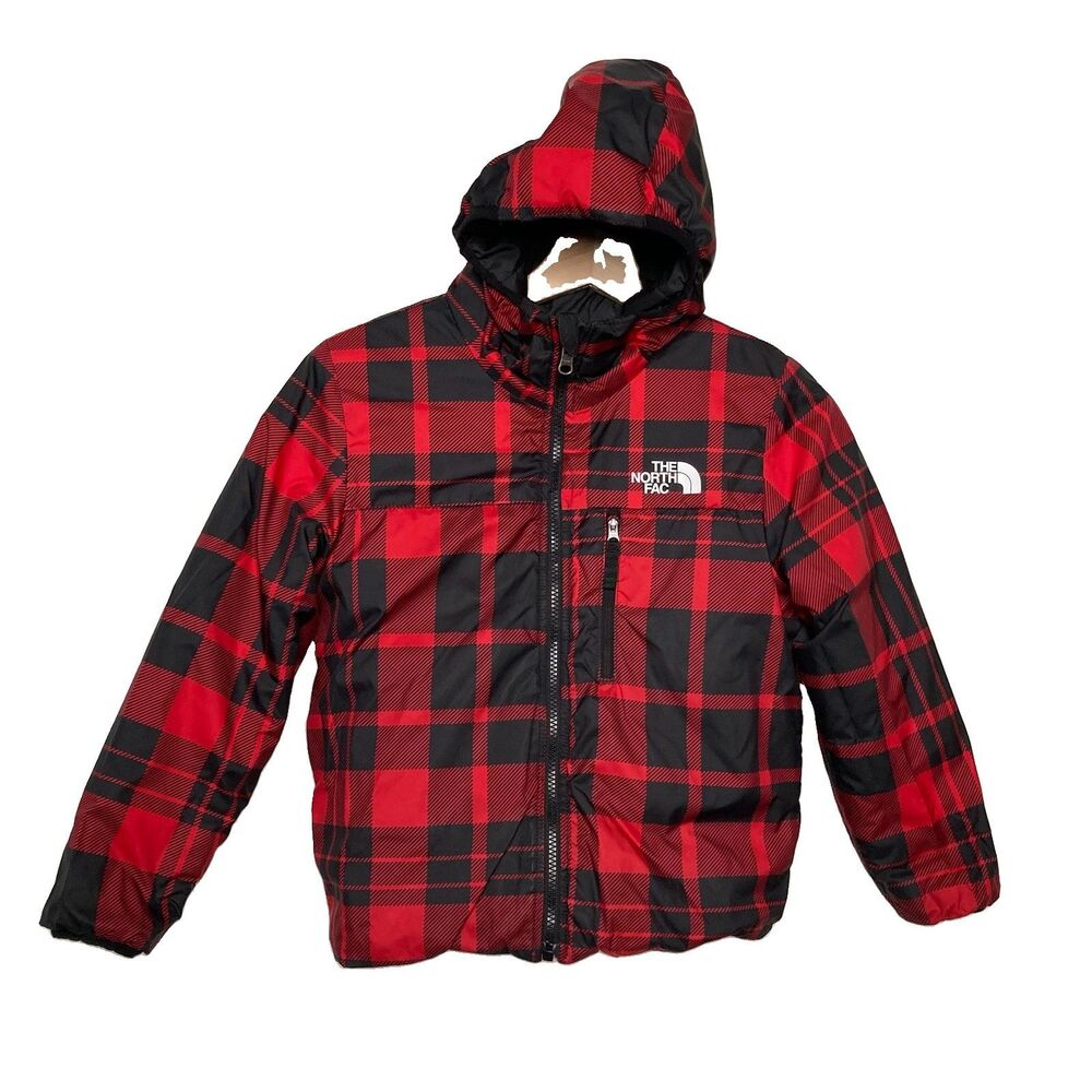 The North Face Boys Reversible Mount Chimbo Zip Hooded Red Plaid Jacket Size S